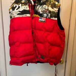 Akoo Red Puffer Vest with Mountain Print